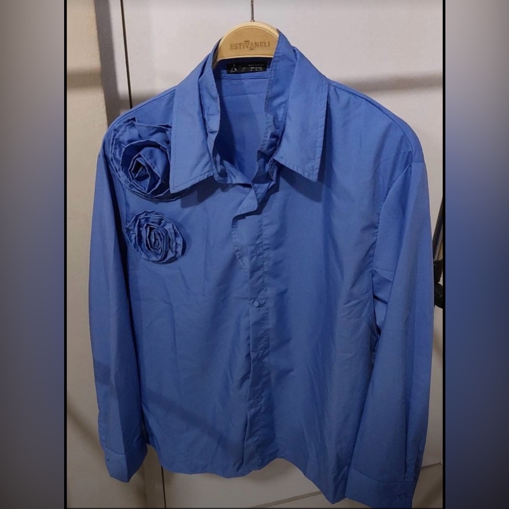 Blue Button-Up Shirt with Floral Accents